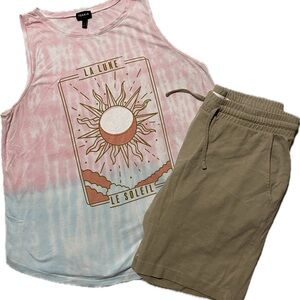 torrid Pink & Blue Tie-Dye Sun & Moon Graphic Tank and MGN shorts